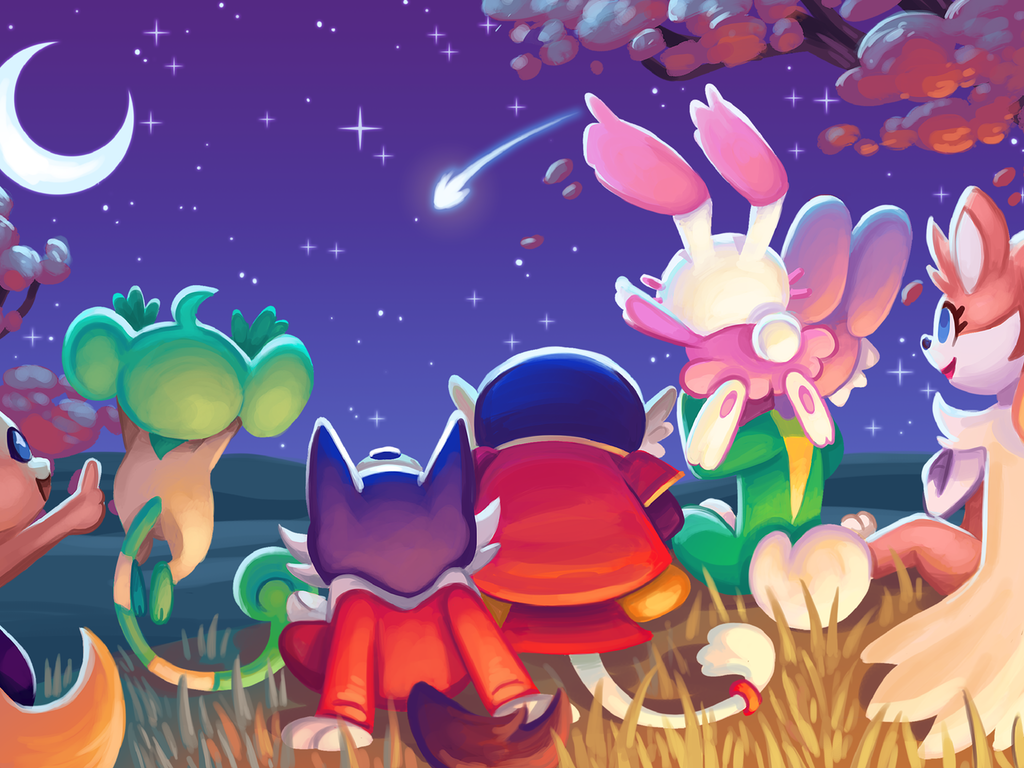 Image of several BrightSparc characters stargazing